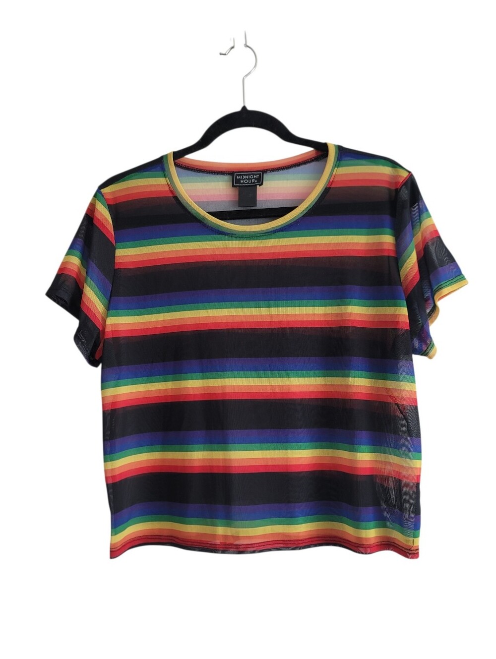 Rainbow Stripe Mesh Short Sleeve Rave Shirt Midnight Hour Pride Festival Concert